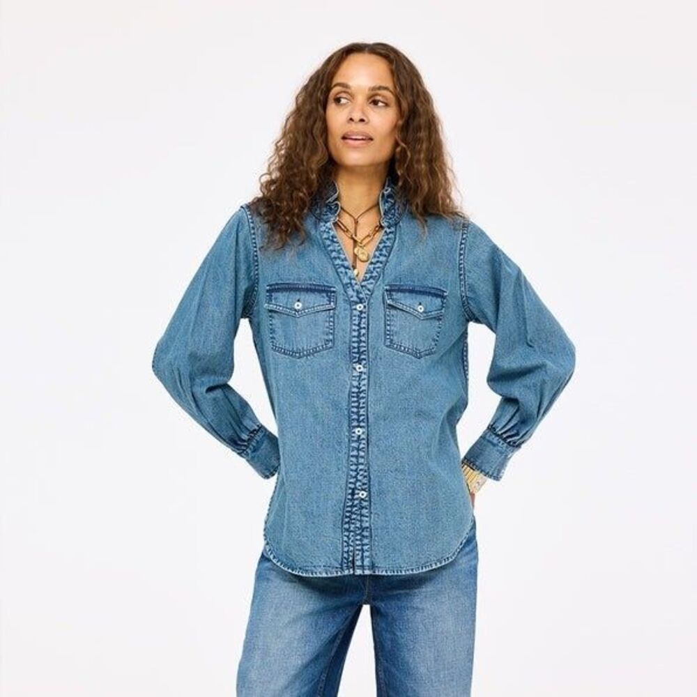 Kerri Rosenthal Puff Sleeve Denim Shirt Top Buttondown Ruffle V-Neck XL 285060 - Picture 2 of 13